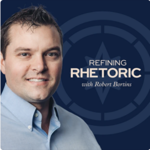 the Refining Rhetoric podcast logo, with Robert Bortins, CEO of Classical Conversation, smiling the camera