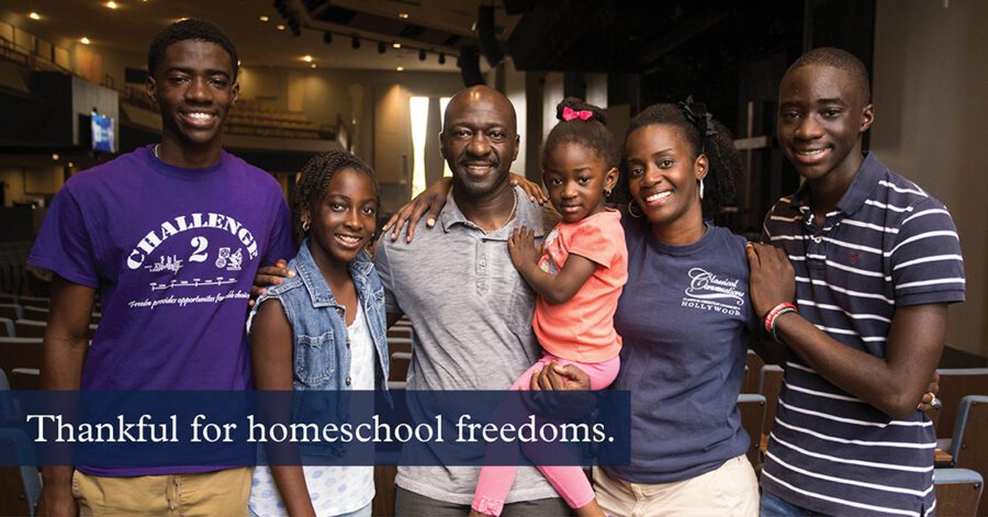 a Classical Conversations family smiles at the camera, with text that says "Thankful for homeschool freedoms"